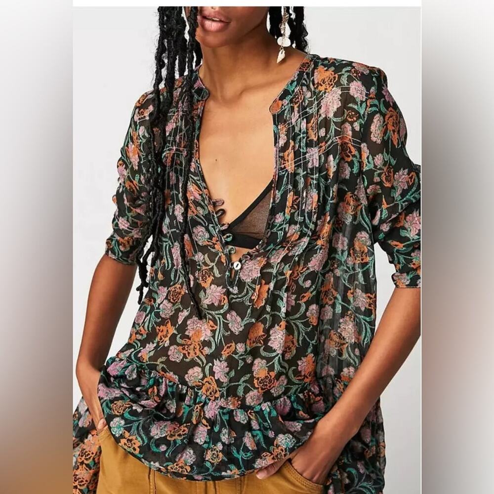 Free People FP See It Through Floral Boho Lined Dress Black Size M - Picture 4 of 5